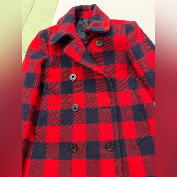 J. Crew Buffalo Plaid Wool Pea Coat Red & Navy Double Breasted Size 00P - Picture 11 of 12